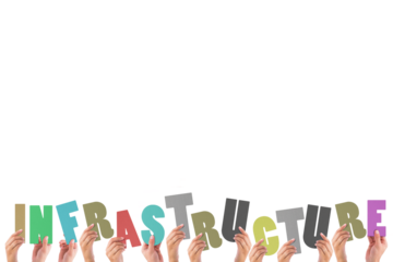 Colorful alphabet spelling infrastructure held up by people 