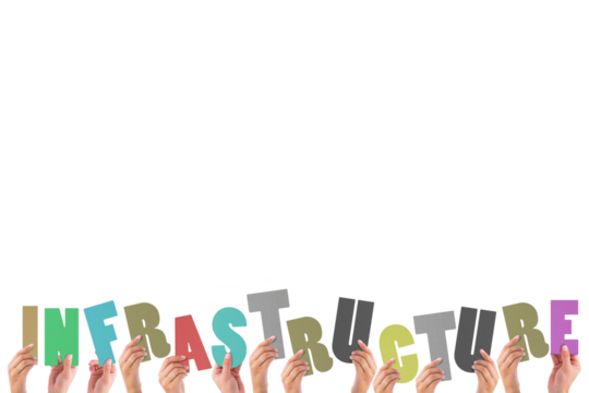 Colorful alphabet spelling infrastructure held up by people  - Powered by Adobe