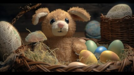 Cute teddy with rabbit ears and with colorful Easter eggs in the basket and great Easter outfit Generative AI