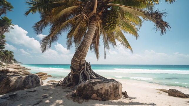 Beach palm with a thick trunk next to the beach Generative AI