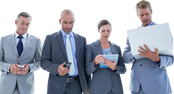 Business colleagues using their multimedia devices 