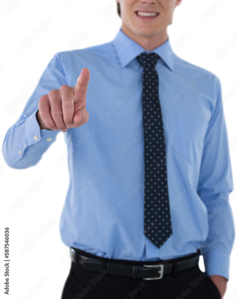 Poster mid section of smiling businessman using interface while standing with hand in pocket