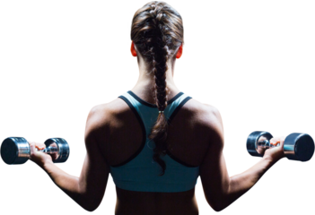 Rear view of braided hair woman lifting dumbbells