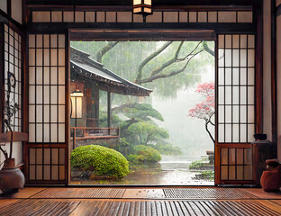 美しい日本の木造住宅の居間から眺める雨の日の風景を表現, with Generative AI