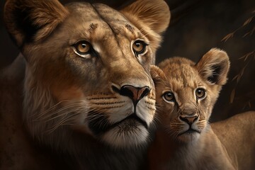 Obraz na płótnie Canvas lioness with her cub, mother's day, brave mother, Generative AI, lioness, strong, fierce, protector, nurturing, love, devotion