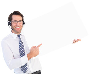 Businessman with headphone showing card to camera