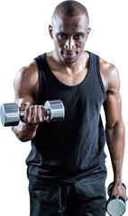 Fototapeta na wymiar Portrait of muscular man exercising with dumbbell