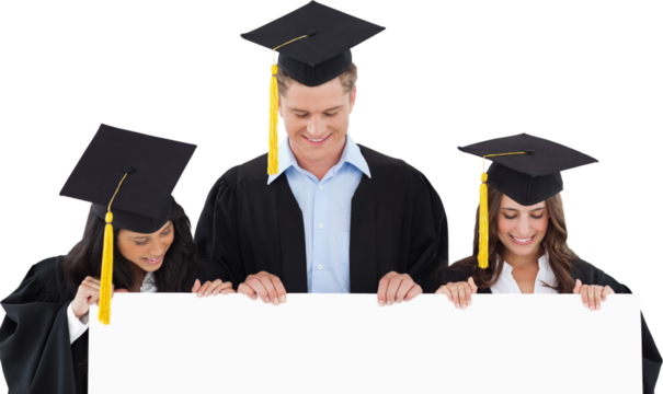 Three students having graduated holding blank sheet and looking at it