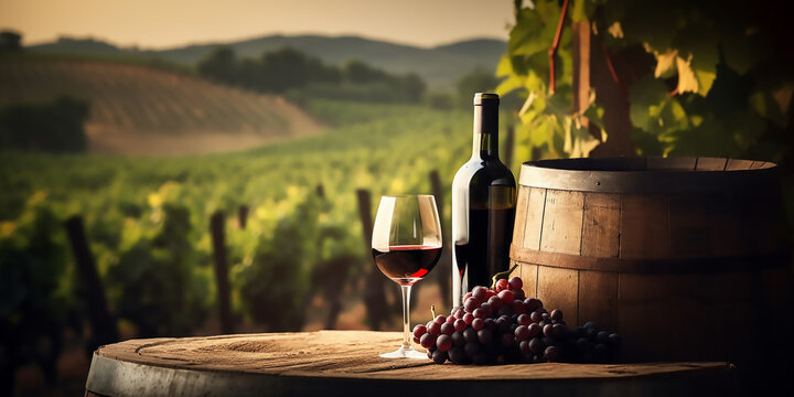 Italian wine country: Red wine bottle and glass with beautiful vineyard landscape