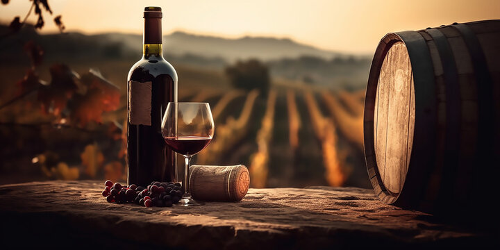 Tuscany wine experience: Red wine bottle and glass with rustic barrel in background