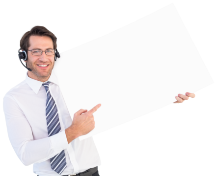 Businessman with headphone showing card to camera