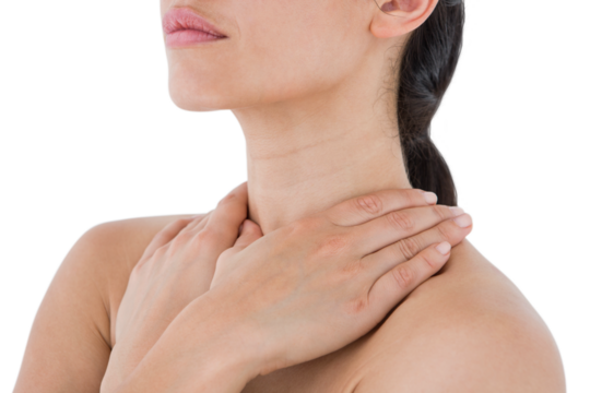 Sick brunette having throat pain