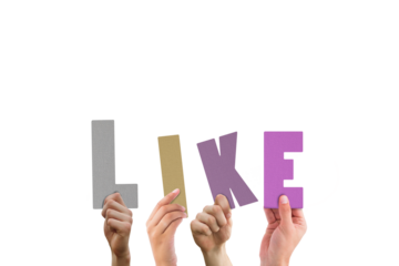 Colorful alphabet spelling like held up by people 