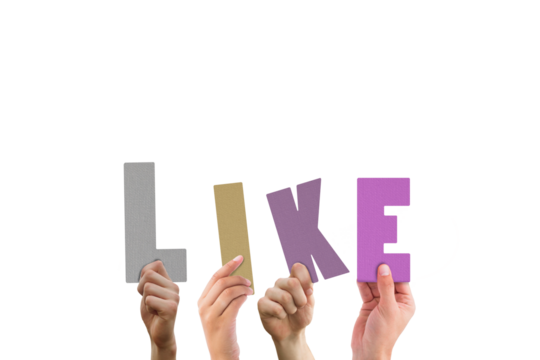 Colorful alphabet spelling like held up by people 