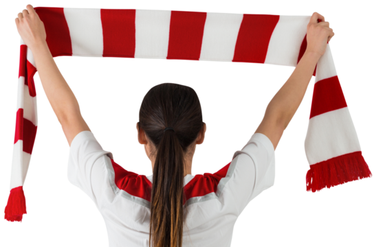 Football fan waving red and white scarf - Powered by Adobe