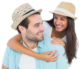 Happy casual man giving pretty girlfriend piggy back