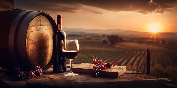 Tuscan vineyard tasting: Wine bottle and glass with scenic backdrop	