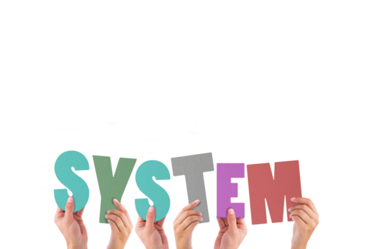 Colorful alphabet spelling system held up by people