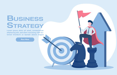 Super boss standing on a chess piece holding a flag. Symbolize leadership, competition, management, improvement, development, strategic thinking and planning to win. Vector illustration.