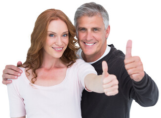 Casual couple showing thumbs up