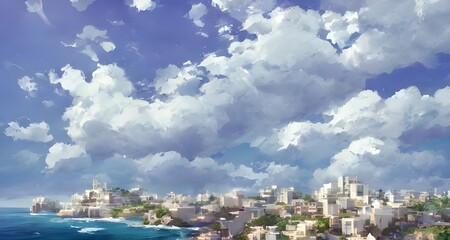 Fototapeta premium 夏と海辺に建つ白い建物と涼しげな雲_52