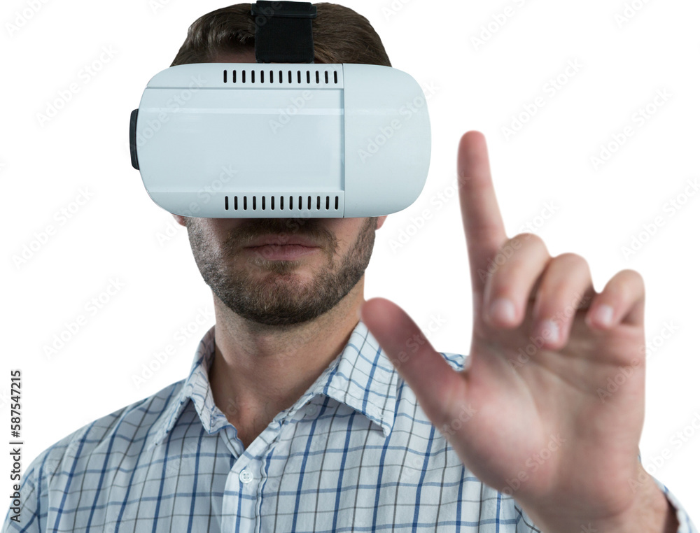Poster man gesturing while using virtual reality headset