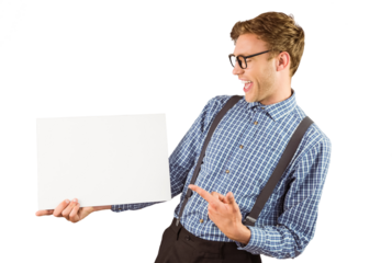 Geeky hipster showing a card