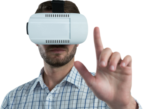 Man gesturing while using virtual reality headset