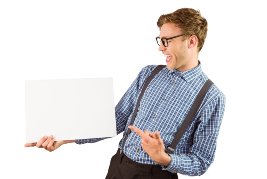 Geeky hipster showing a card