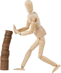 3d image of wooden figurine gesturing by coins 