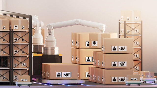 Warehouse management with automated robots, delivery trucks using robot arms, pick-up robots, 3D rendering.