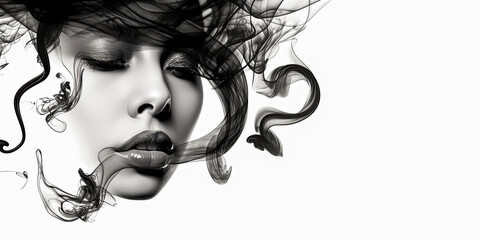 Amazing Abstract Black squid smoke on beautiful woman's face, clean white background with copy space, Generative AI