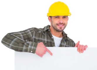 handyman holding and pointing at blank board 