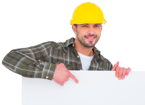 handyman holding and pointing at blank board 