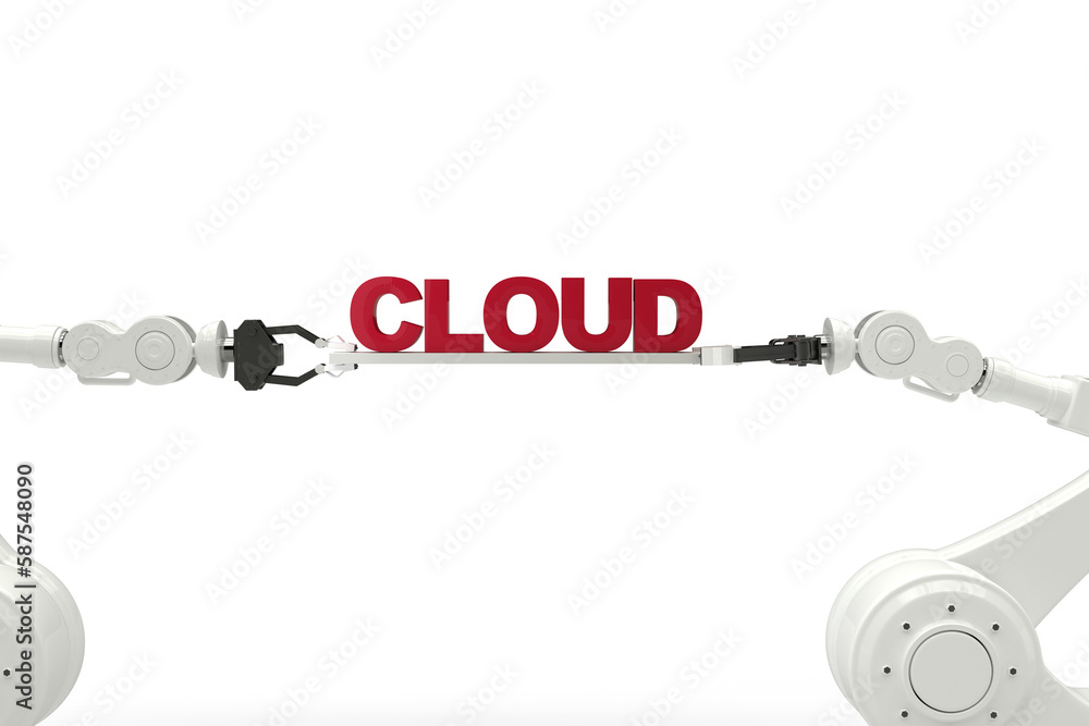 Poster digitally composite image of robotic hands holding cloud text