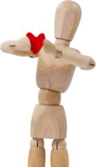 Poster Wooden artificial 3d figurine holding red heart © vectorfusionart