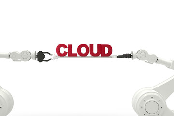 Digitally composite image of robotic hands holding cloud text