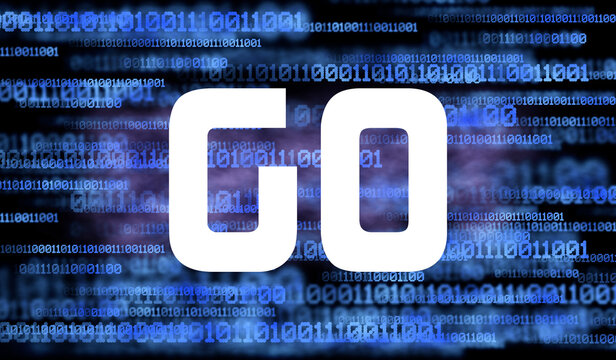 Word GO and abstract cyberspace with binary code on dark background. GO programming language.