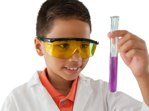 Schoolboy looking at test tube