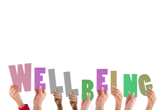 Cropped hands holding colorful alphabets forming well-being - Powered by Adobe