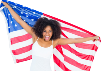Pretty cheering girl in white top holding american flag