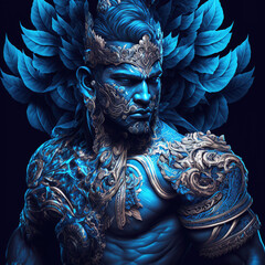 indonesian, ancient, god, artistic, muscular, aesthetic, blue, red, gold, brown, ornaments, aura, javanese, dayak, hindu, politheism, ai generative