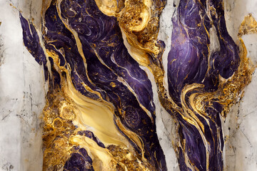 Seamless natural purple and gold dripping melted marble pattern, continuous elegant textured background, repeating tiled luxury wallpaper, generative ai