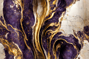 Seamless natural purple and gold dripping melted marble pattern, continuous elegant textured background, repeating tiled luxury wallpaper, generative ai