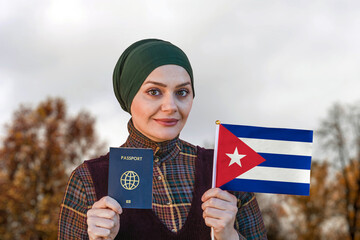 Muslim Woman Holding Passport and Flag of Cuba
