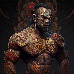 indonesian, ancient, god, artistic, muscular, aesthetic, blue, red, gold, brown, ornaments, aura, javanese, dayak, hindu, politheism, ai generative