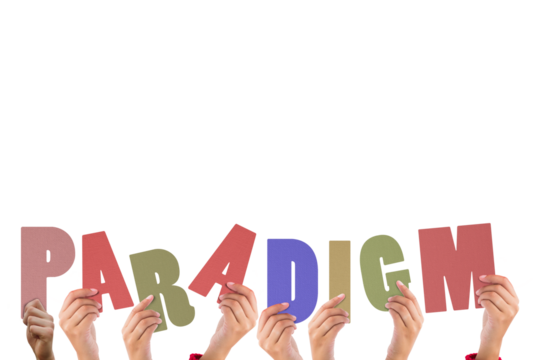 Cropped hands holding colorful word paradigm
