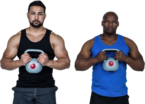 Strong friends lifting kettlebells together