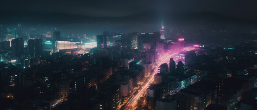 A night view of seoul with a cityscape in the background. Generative AI © Catrat