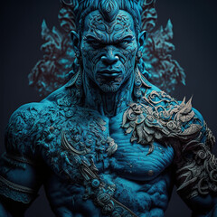indonesian, ancient, god, artistic, muscular, aesthetic, blue, red, gold, brown, ornaments, aura, javanese, dayak, hindu, politheism, ai generative